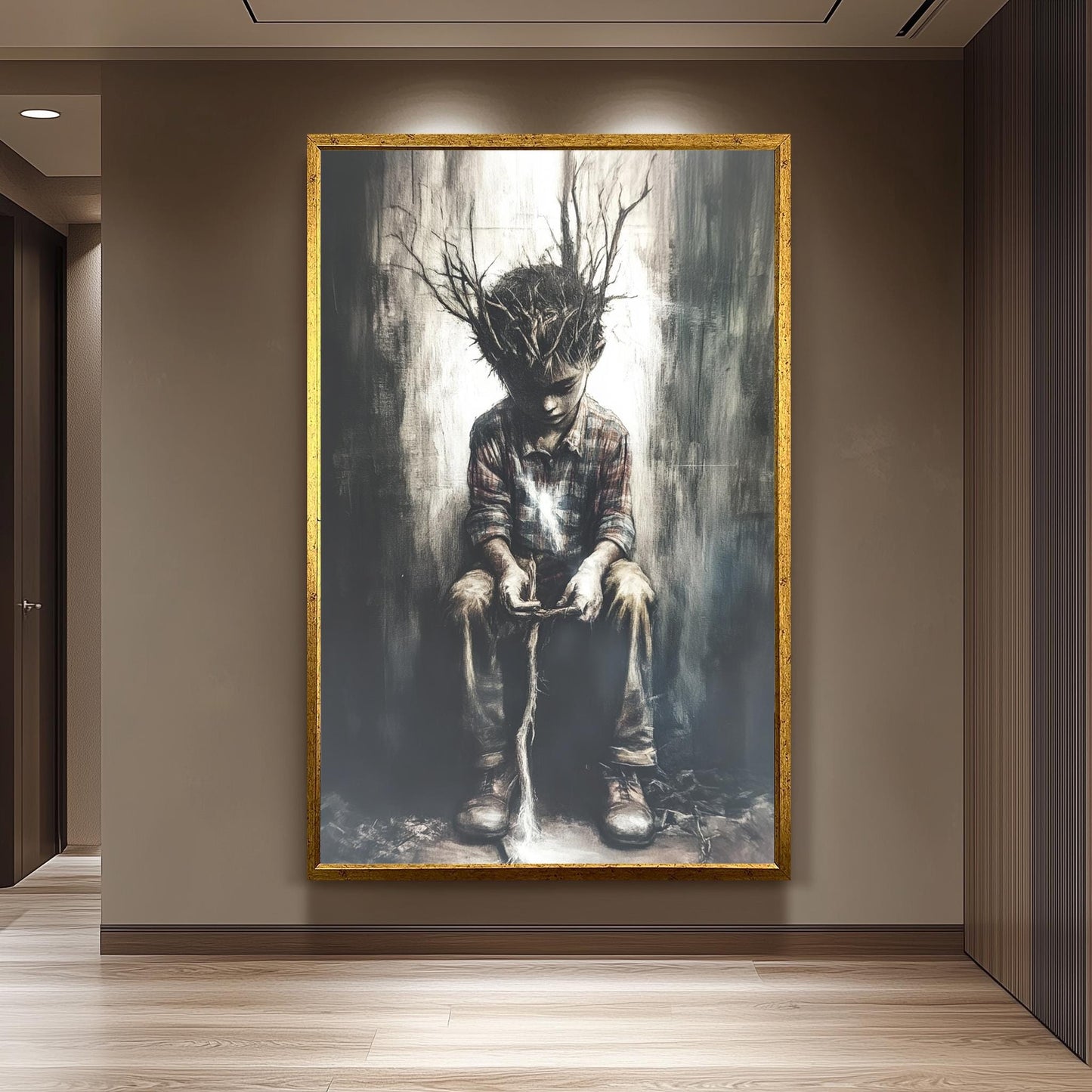 Surreal Boy with Tree Roots Canvas Print: Emotional Fantasy Wall Art