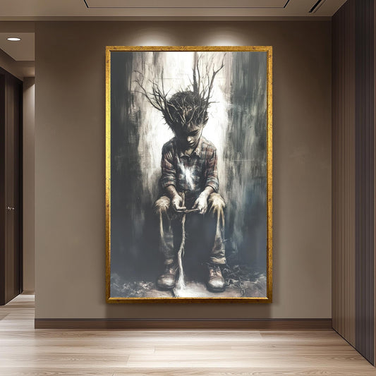 Surreal Boy with Tree Roots Canvas Print: Emotional Fantasy Wall Art