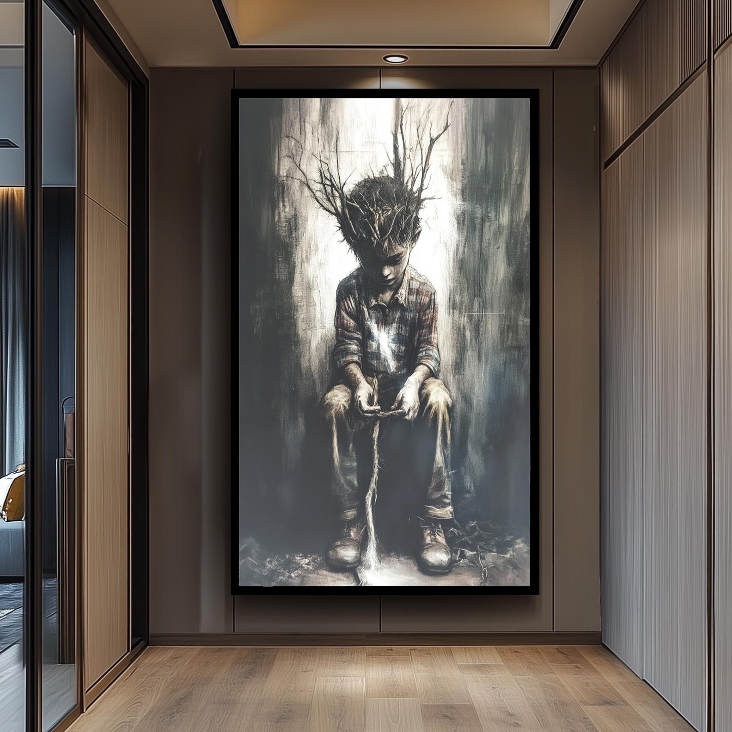 Surreal Boy with Tree Roots Canvas Print: Emotional Fantasy Wall Art
