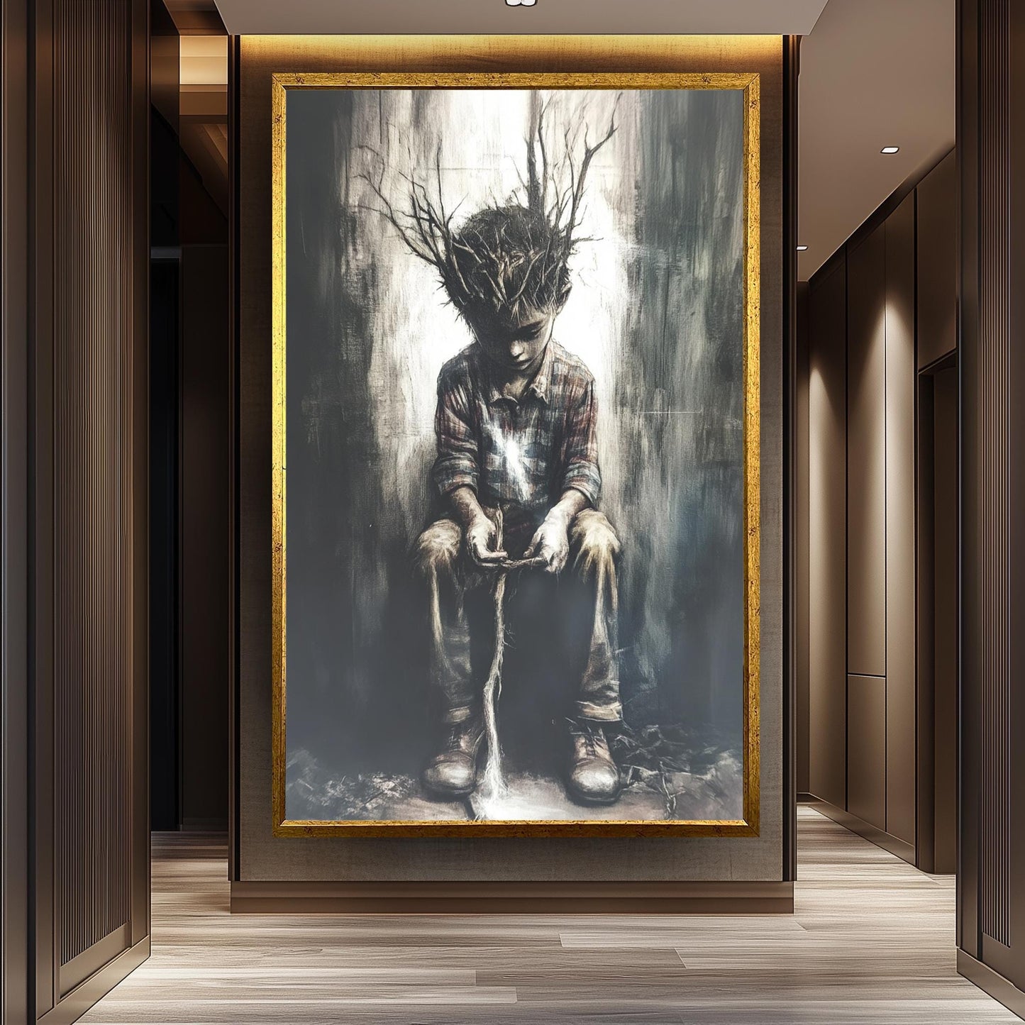 Surreal Boy with Tree Roots Canvas Print: Emotional Fantasy Wall Art