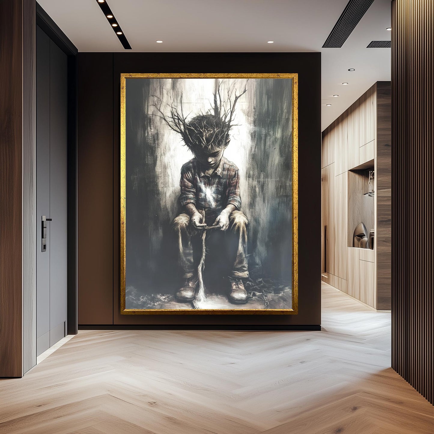 Surreal Boy with Tree Roots Canvas Print: Emotional Fantasy Wall Art