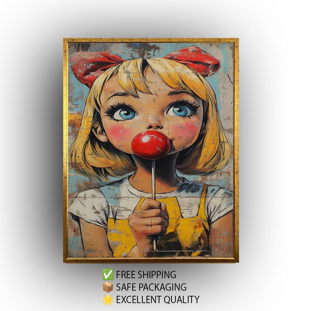 Pop Art Girl with Lollipop Canvas Print: Retro Cartoon Portrait