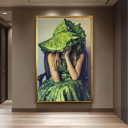 Whimsical Woman in Green Dress and Oversized Hat Oil Painting, Surreal Portrait Art with Fashion and Mystery Style Decor, Woman  Portraits