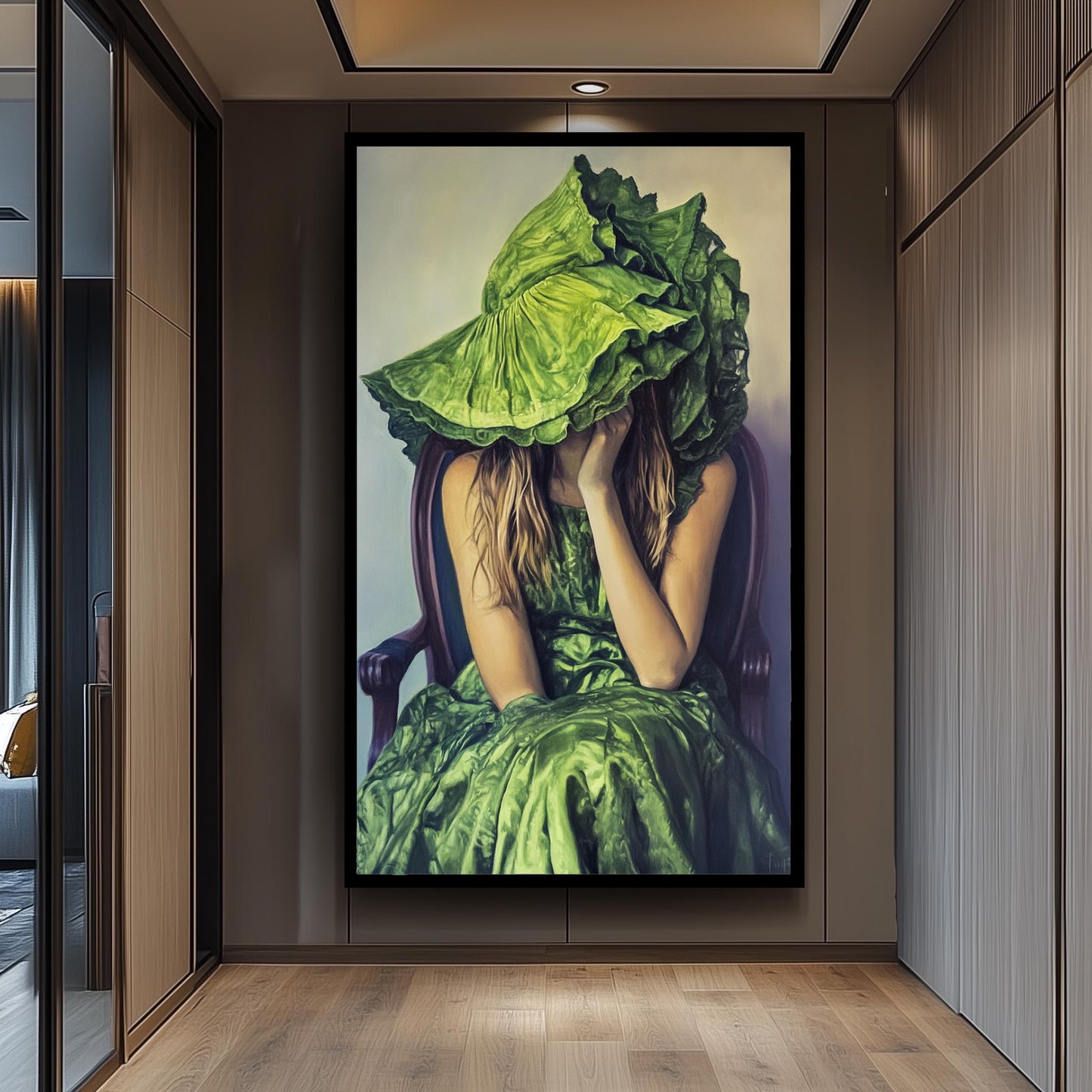 Whimsical Woman in Green Dress and Oversized Hat Oil Painting, Surreal Portrait Art with Fashion and Mystery Style Decor, Woman  Portraits