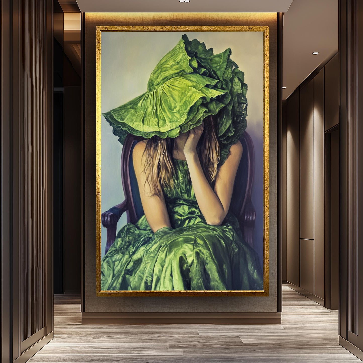 Whimsical Woman in Green Dress and Oversized Hat Oil Painting, Surreal Portrait Art with Fashion and Mystery Style Decor, Woman  Portraits
