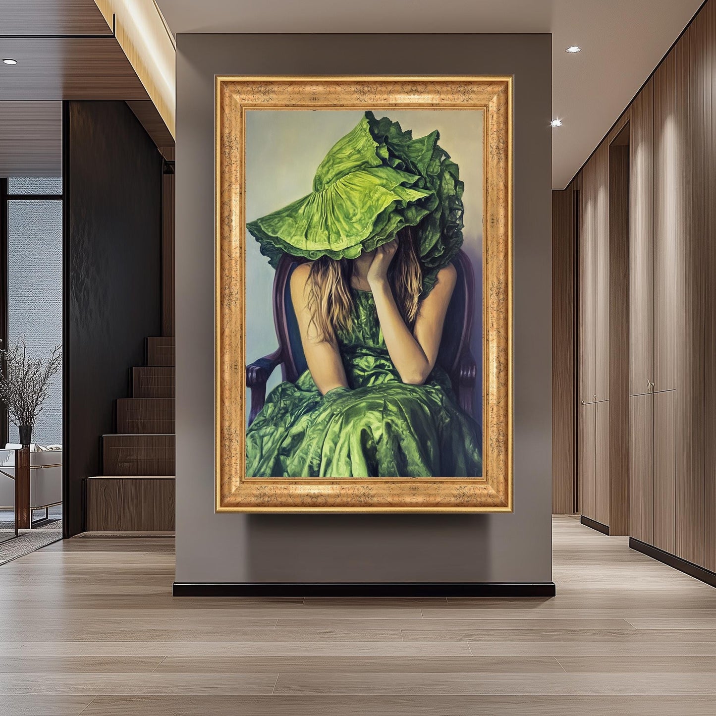 Whimsical Woman in Green Dress and Oversized Hat Oil Painting, Surreal Portrait Art with Fashion and Mystery Style Decor, Woman  Portraits