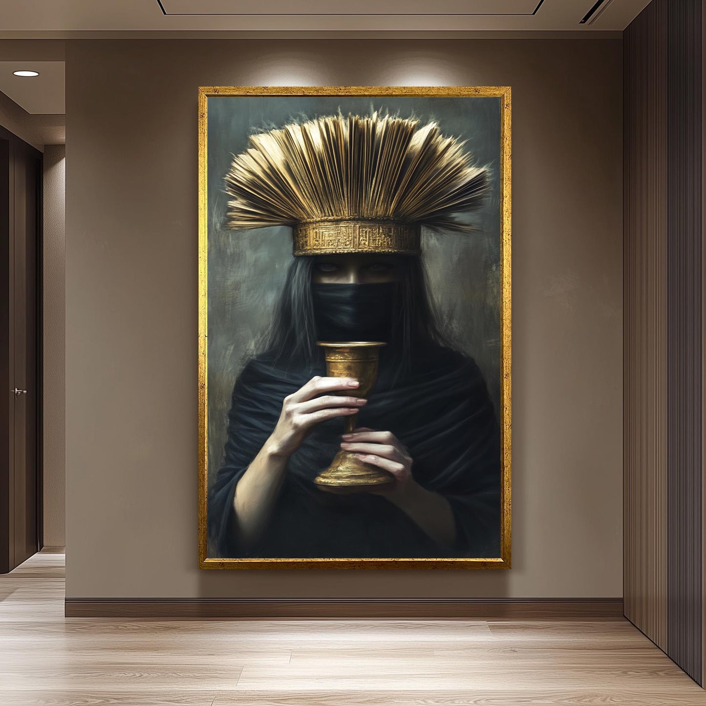 Veiled Woman Portrait: Dark Fantasy Art, Golden Chalice, Regal Crown