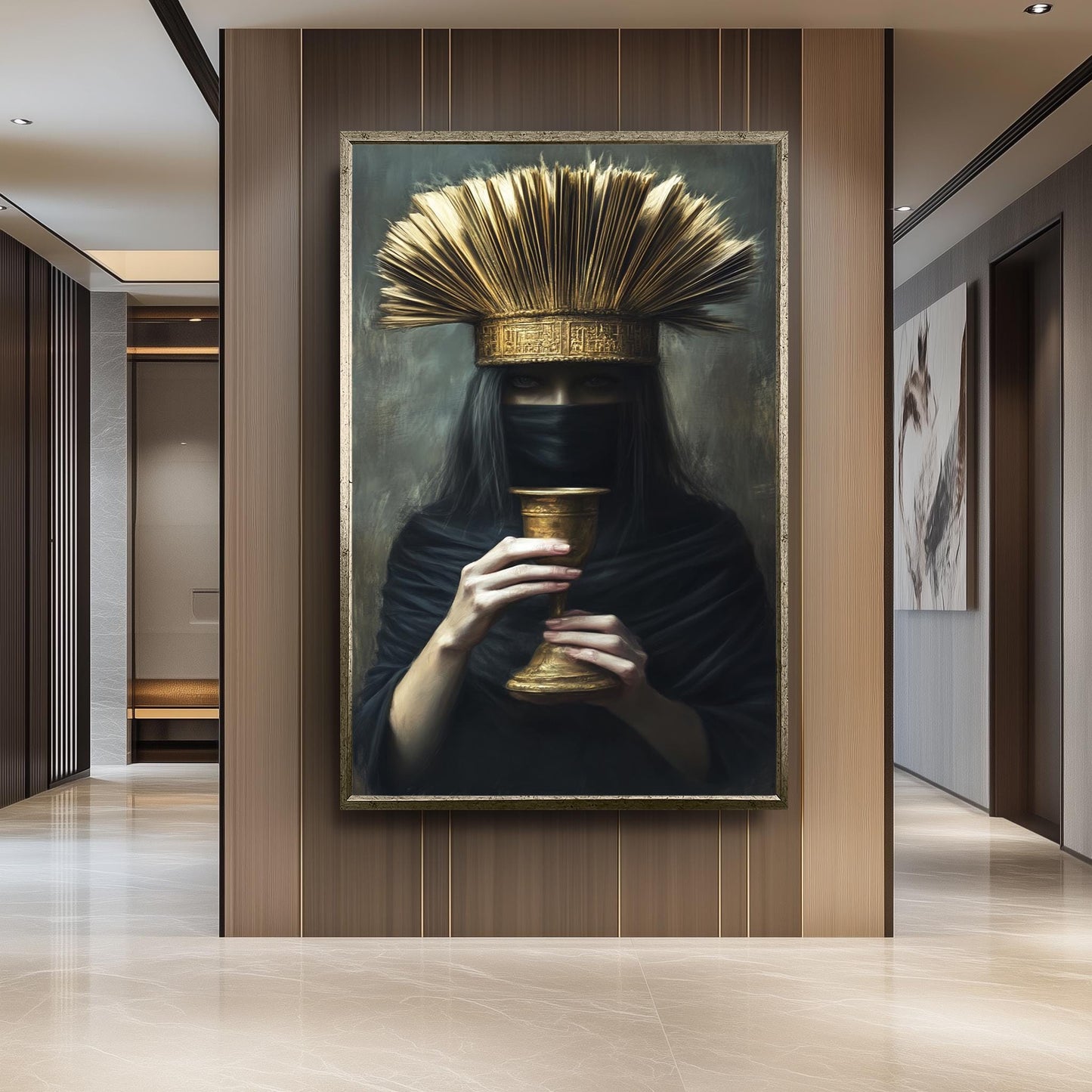 Veiled Woman Portrait: Dark Fantasy Art, Golden Chalice, Regal Crown