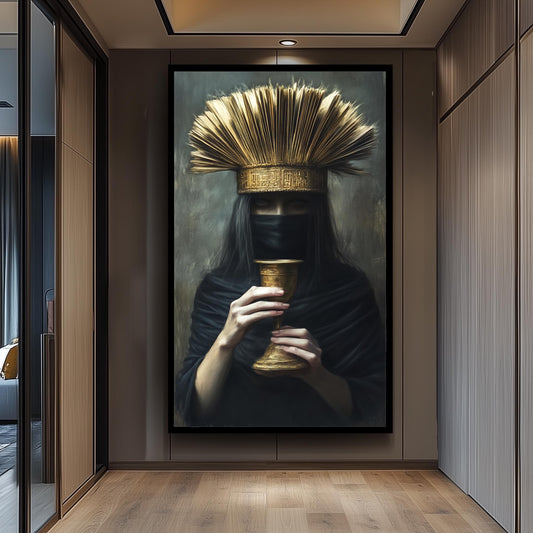 Veiled Woman Portrait: Dark Fantasy Art, Golden Chalice, Regal Crown