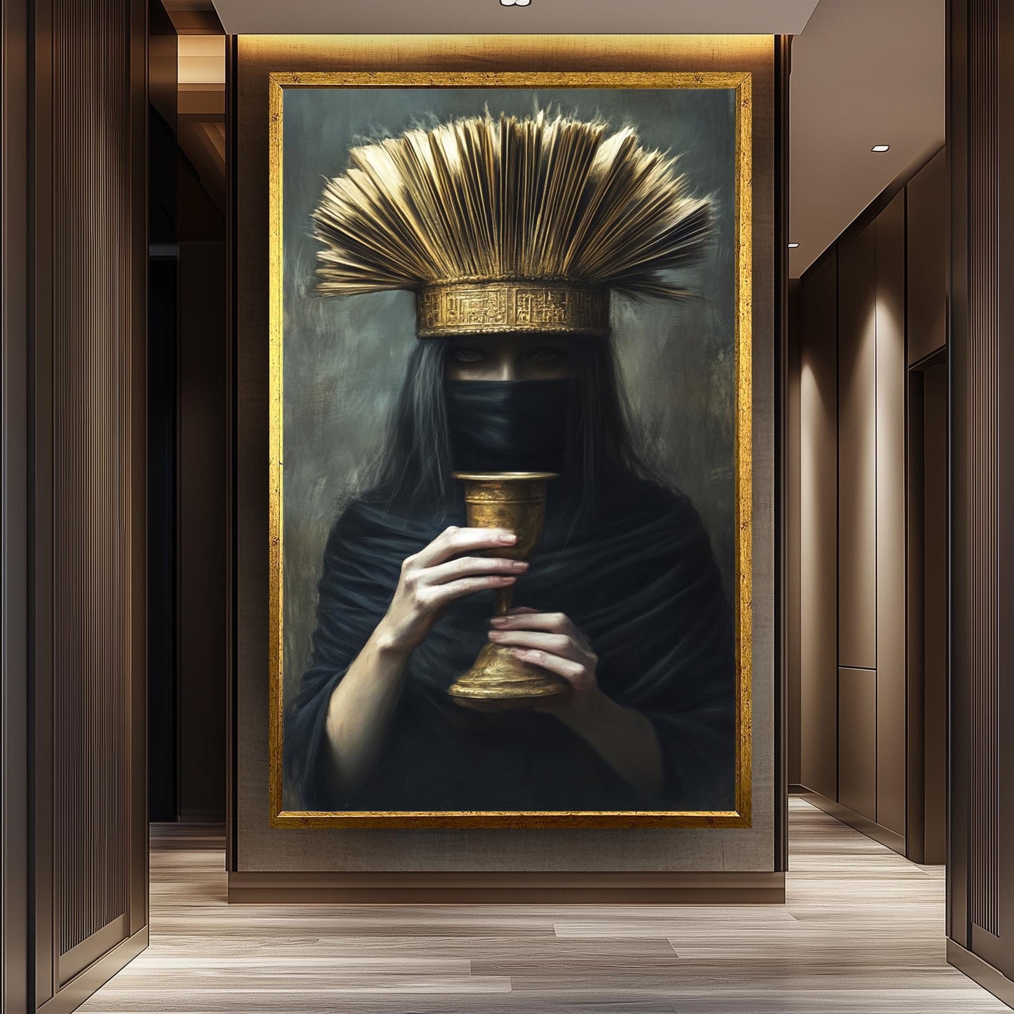 Veiled Woman Portrait: Dark Fantasy Art, Golden Chalice, Regal Crown