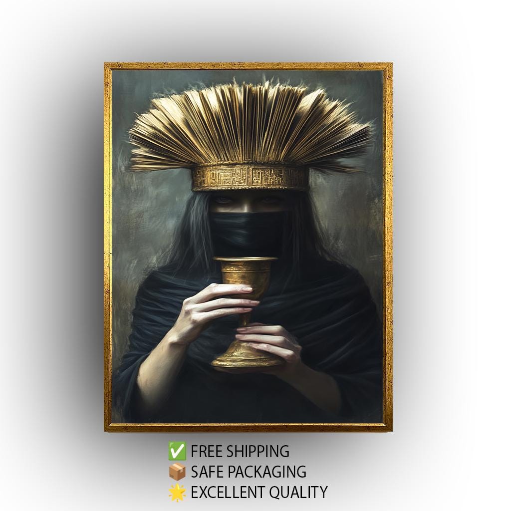 Veiled Woman Portrait: Dark Fantasy Art, Golden Chalice, Regal Crown