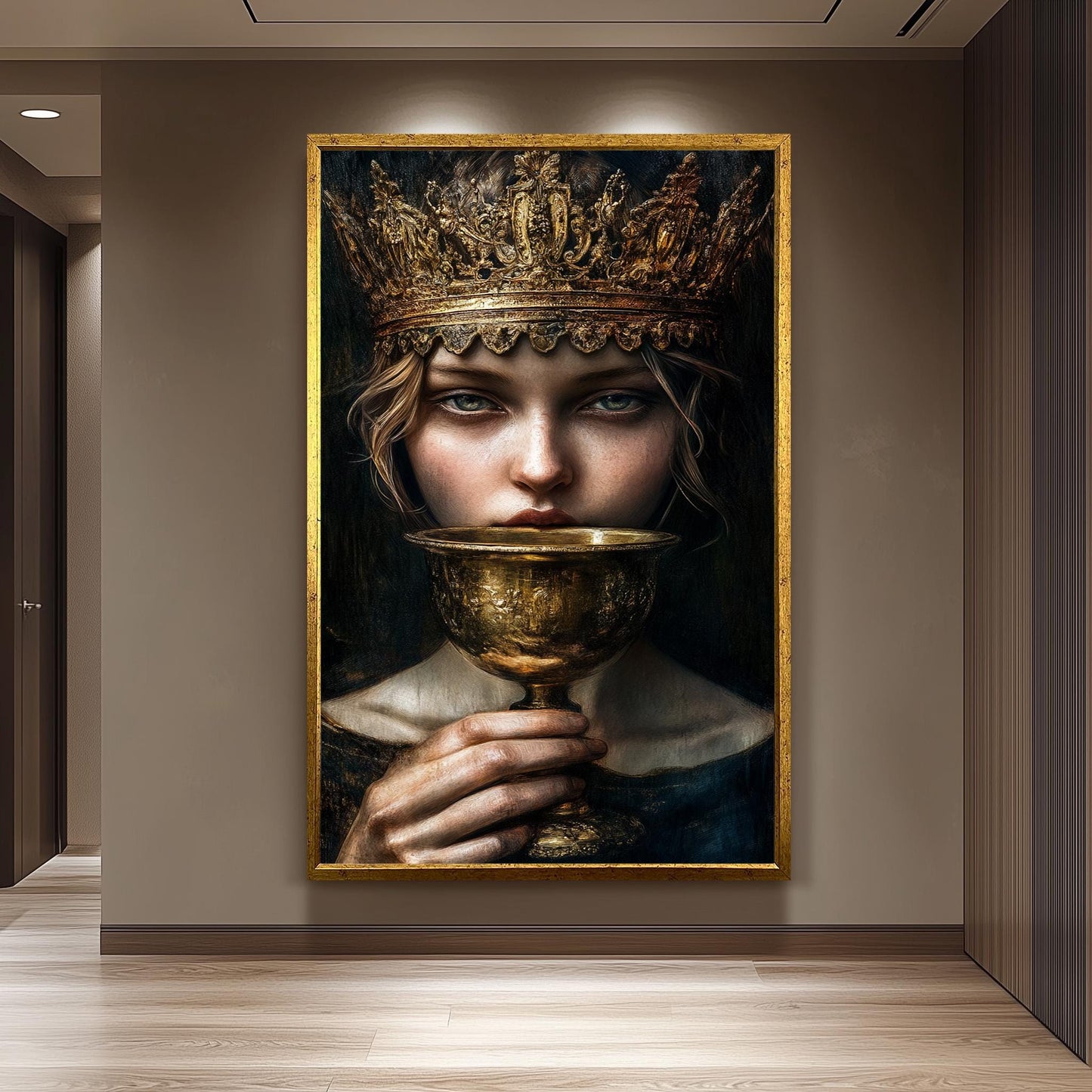 Regal Surreal Portrait Wall Art of Enigmatic Woman with Ornate Golden Crown and Chalice in Moody Renaissance Fantasy Style, Crown Woman Art