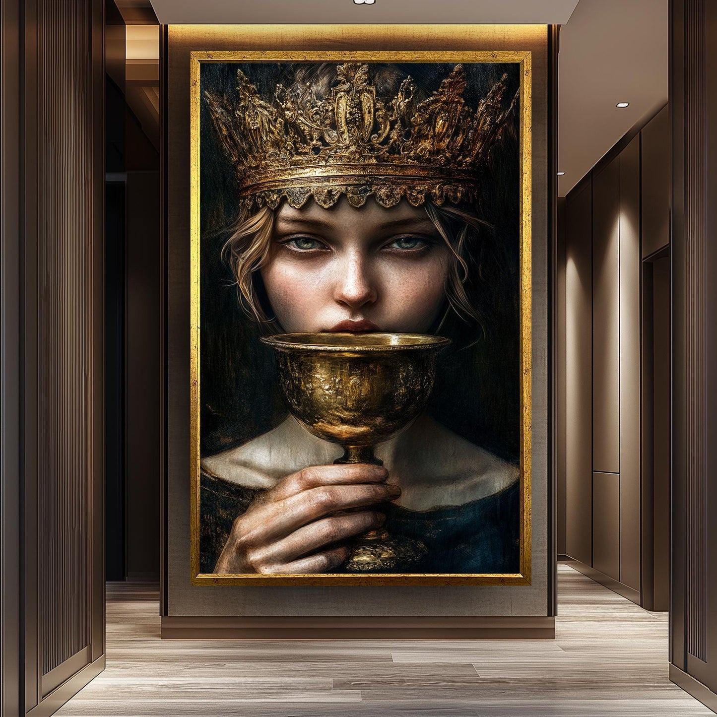 Regal Surreal Portrait Wall Art of Enigmatic Woman with Ornate Golden Crown and Chalice in Moody Renaissance Fantasy Style, Crown Woman Art