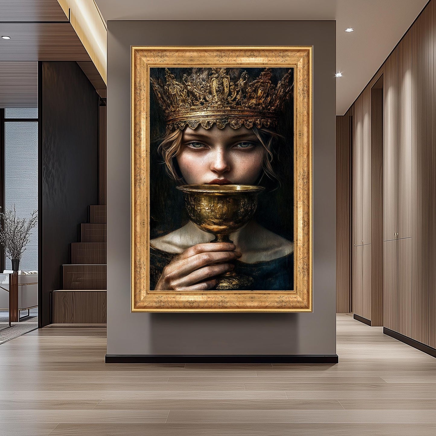 Regal Surreal Portrait Wall Art of Enigmatic Woman with Ornate Golden Crown and Chalice in Moody Renaissance Fantasy Style, Crown Woman Art