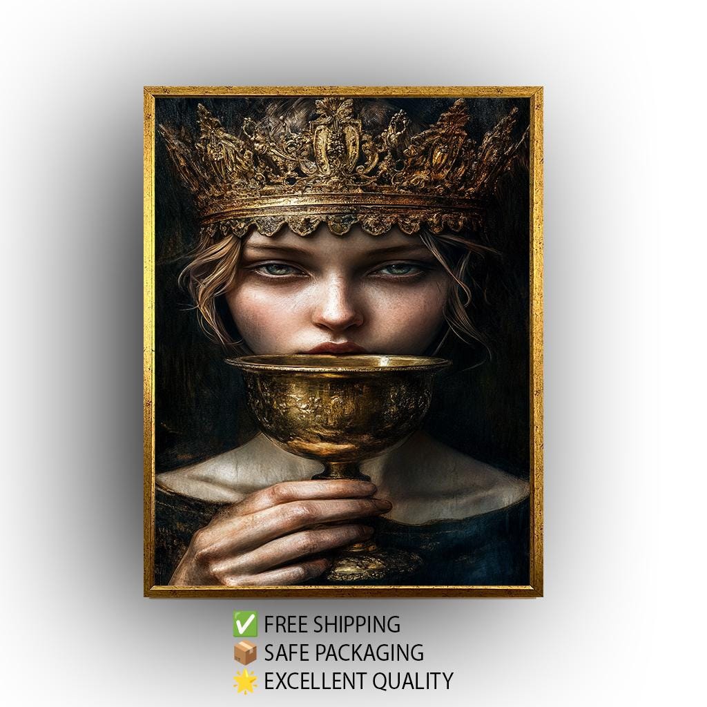 Regal Surreal Portrait Wall Art of Enigmatic Woman with Ornate Golden Crown and Chalice in Moody Renaissance Fantasy Style, Crown Woman Art