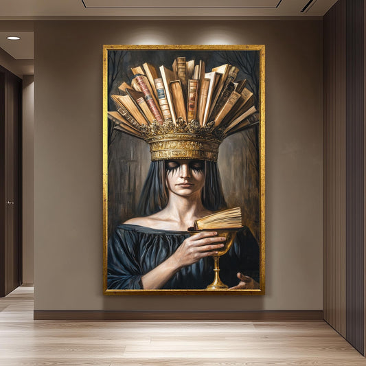 Surreal Portrait Wall Art of Mysterious Woman with Book Crown and Golden Chalice in Dark Academic Gothic Fantasy Aesthetic, Crown Woman Art