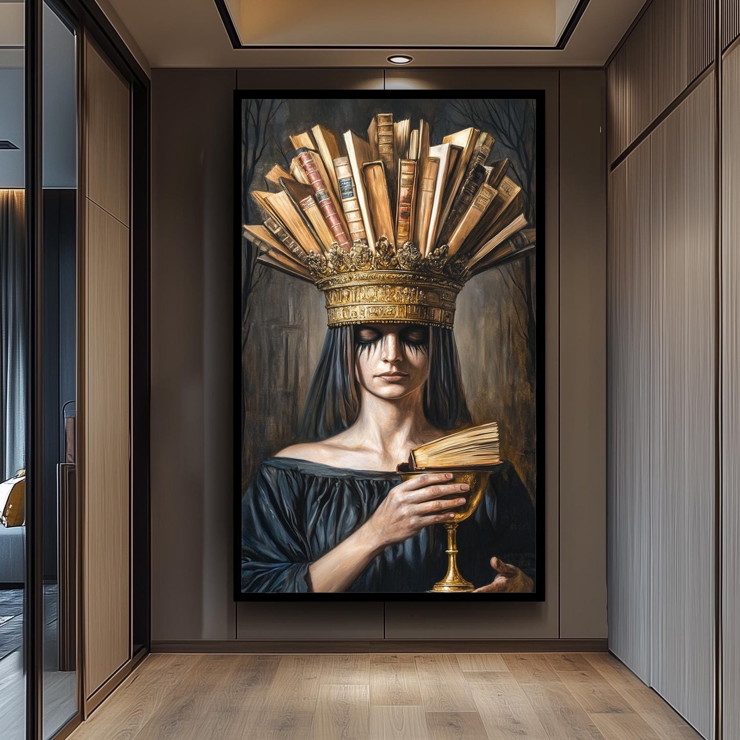 Surreal Portrait Wall Art of Mysterious Woman with Book Crown and Golden Chalice in Dark Academic Gothic Fantasy Aesthetic, Crown Woman Art