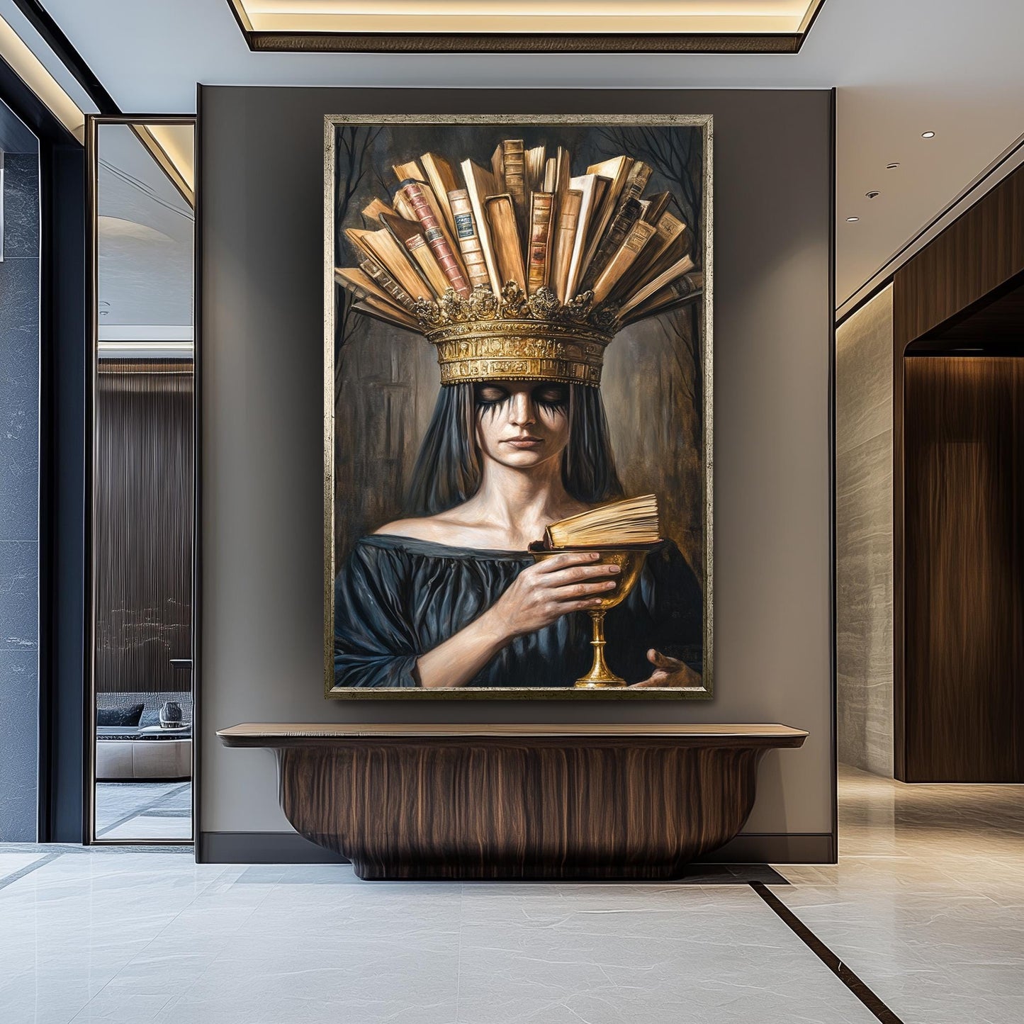 Surreal Portrait Wall Art of Mysterious Woman with Book Crown and Golden Chalice in Dark Academic Gothic Fantasy Aesthetic, Crown Woman Art