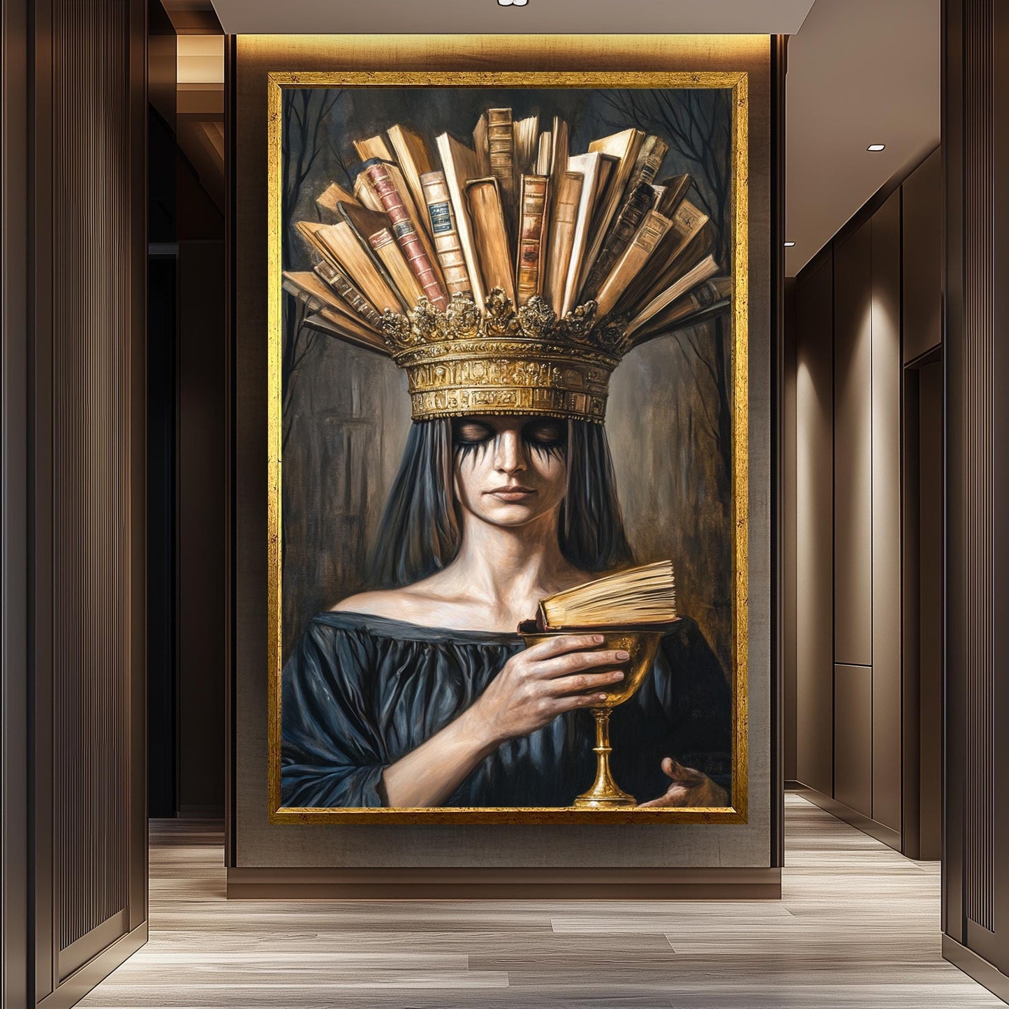 Surreal Portrait Wall Art of Mysterious Woman with Book Crown and Golden Chalice in Dark Academic Gothic Fantasy Aesthetic, Crown Woman Art