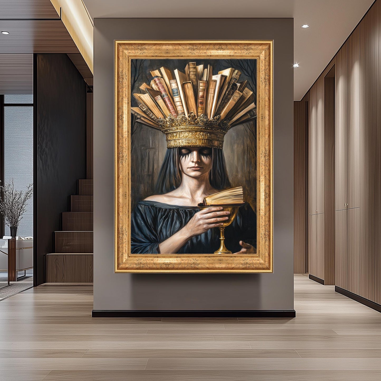 Surreal Portrait Wall Art of Mysterious Woman with Book Crown and Golden Chalice in Dark Academic Gothic Fantasy Aesthetic, Crown Woman Art