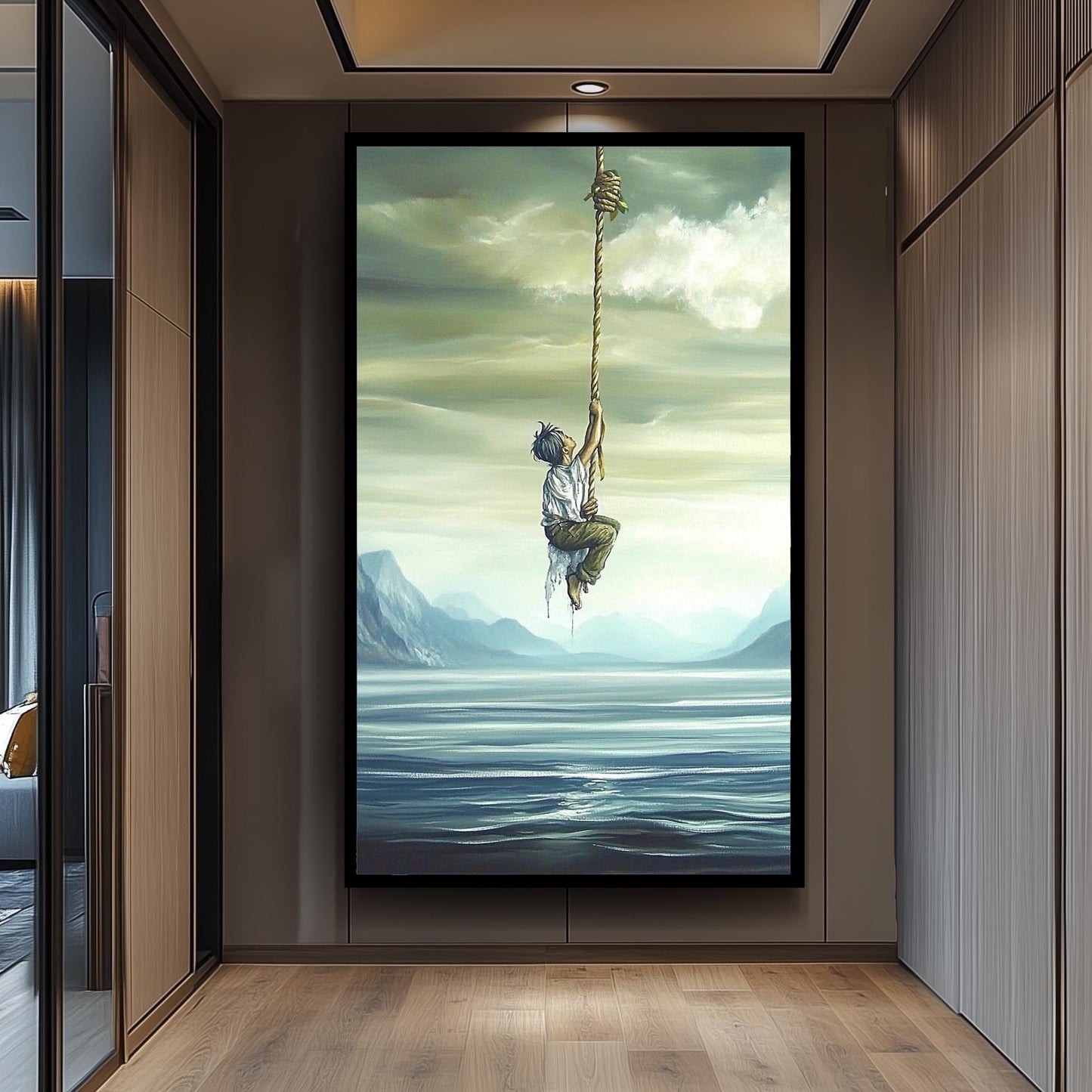 Surreal Inspirational Wall Art of Boy Climbing Rope into the Sky over Water and Mountains in Dreamlike Oil Painting Style, Surreal Wall Art