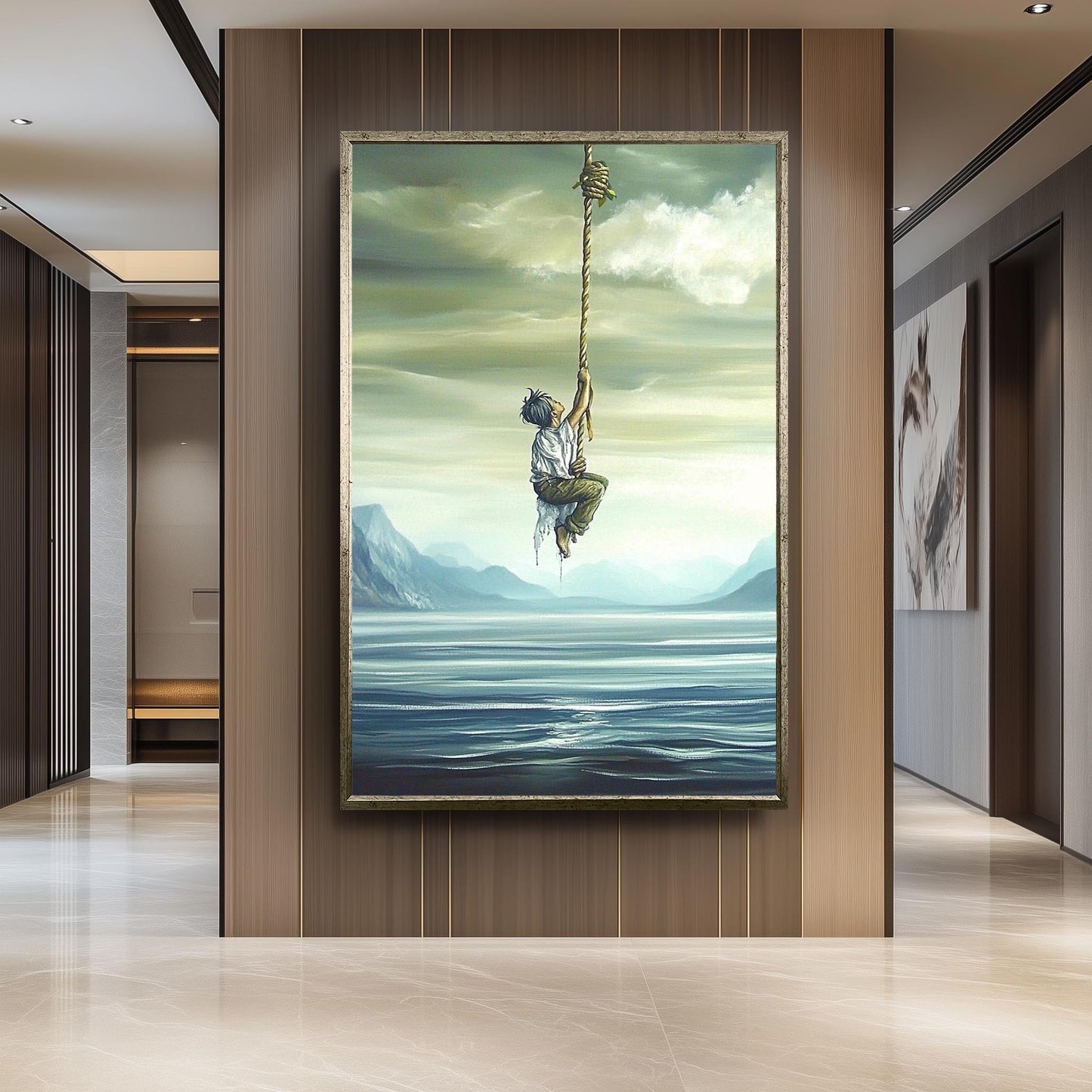 Surreal Inspirational Wall Art of Boy Climbing Rope into the Sky over Water and Mountains in Dreamlike Oil Painting Style, Surreal Wall Art