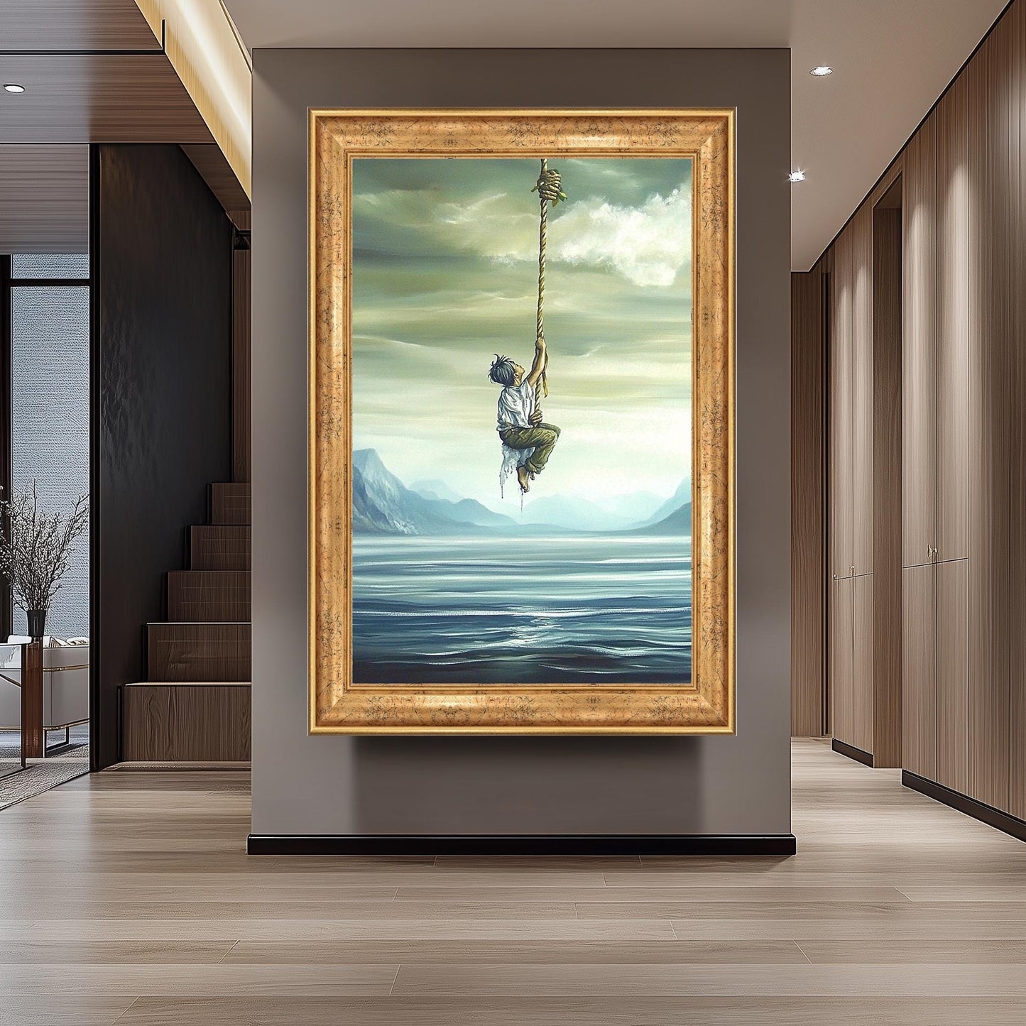 Surreal Inspirational Wall Art of Boy Climbing Rope into the Sky over Water and Mountains in Dreamlike Oil Painting Style, Surreal Wall Art