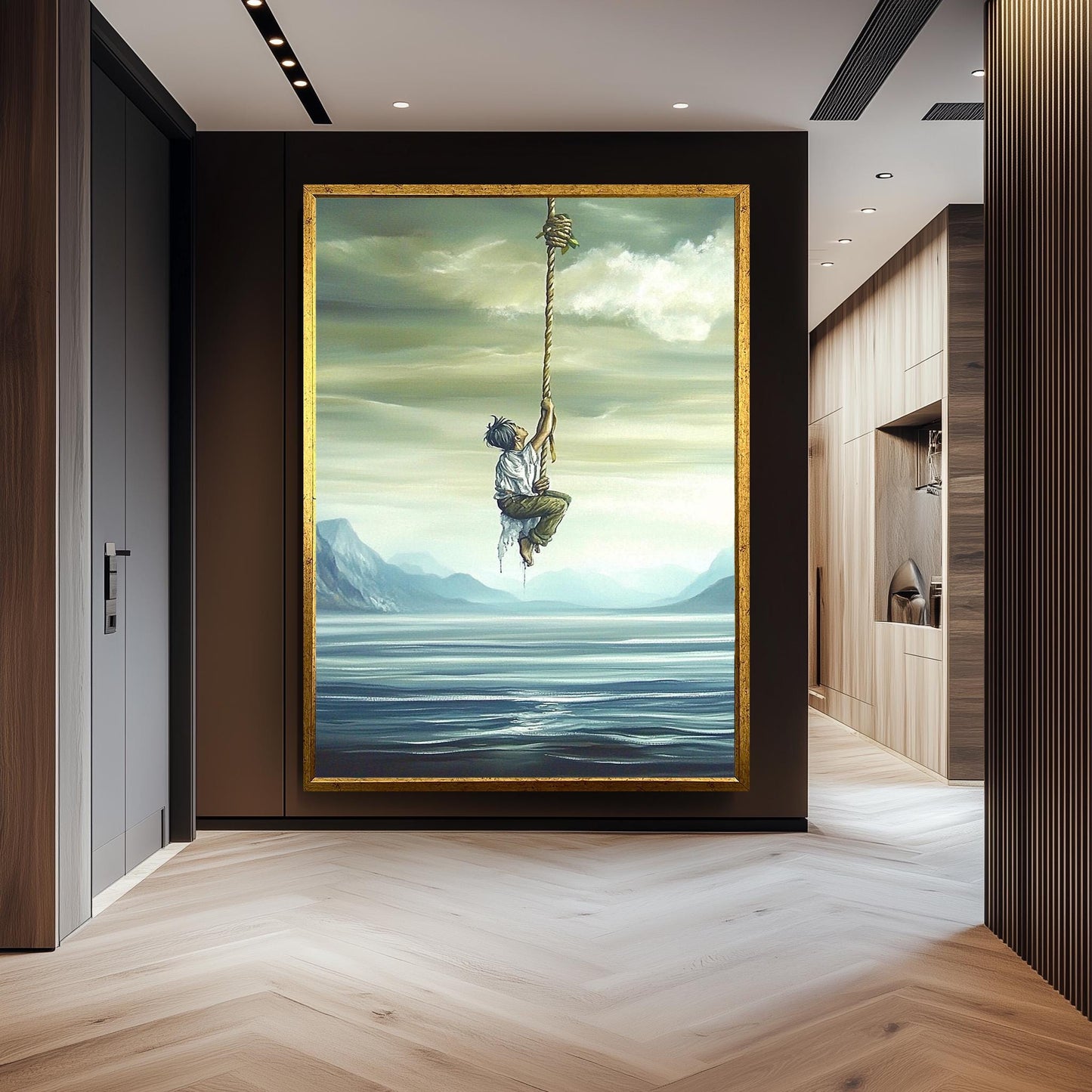 Surreal Inspirational Wall Art of Boy Climbing Rope into the Sky over Water and Mountains in Dreamlike Oil Painting Style, Surreal Wall Art