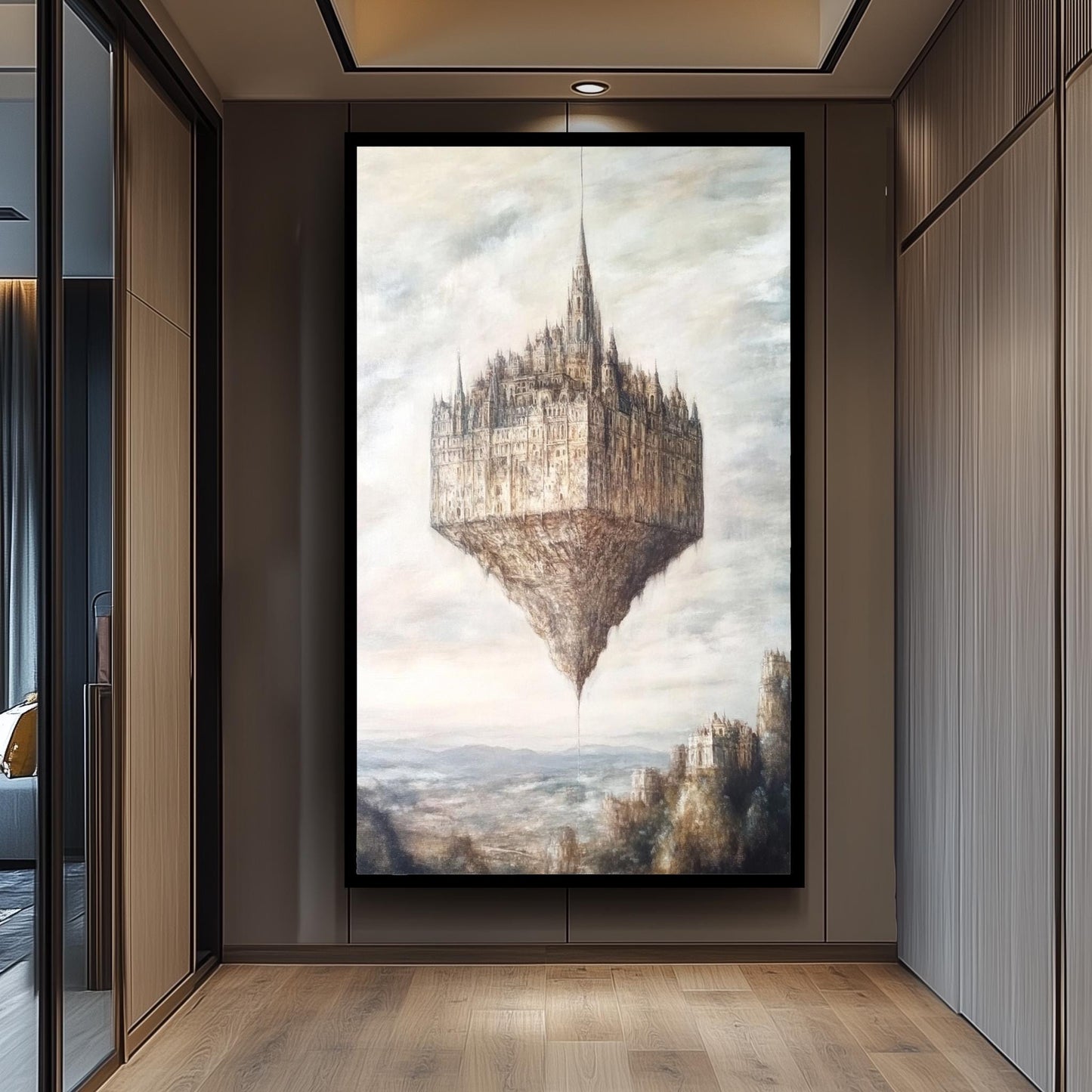 Floating Gothic Castle Canvas Art: Surreal Oil Painting Style