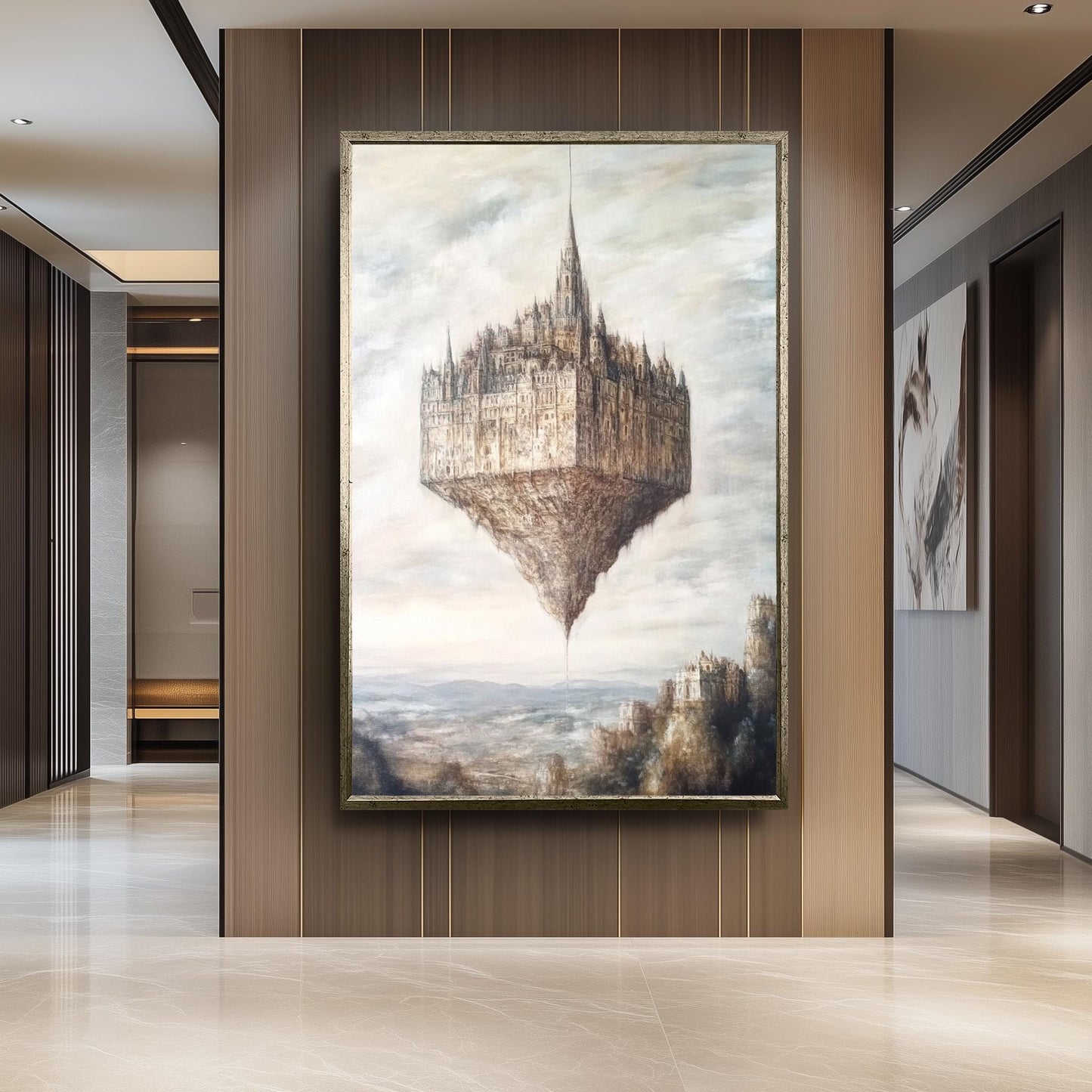 Floating Gothic Castle Canvas Art: Surreal Oil Painting Style