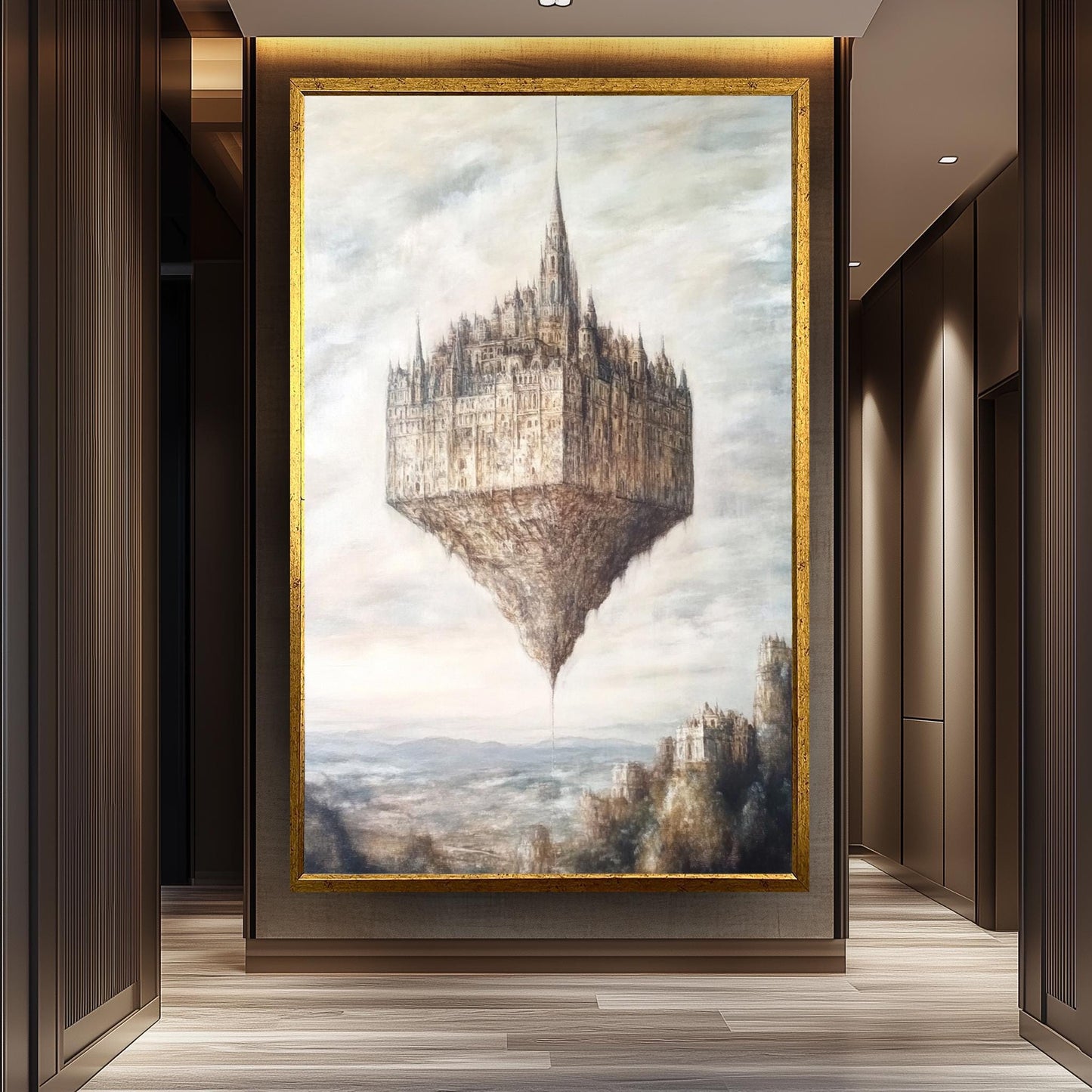 Floating Gothic Castle Canvas Art: Surreal Oil Painting Style
