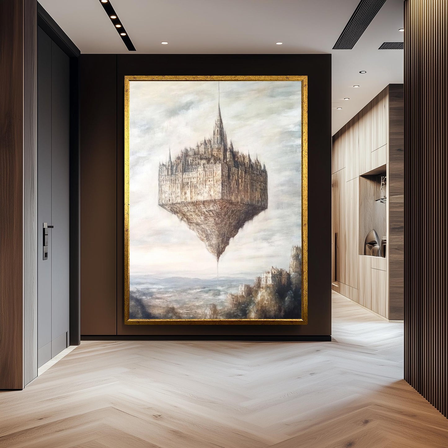 Floating Gothic Castle Canvas Art: Surreal Oil Painting Style