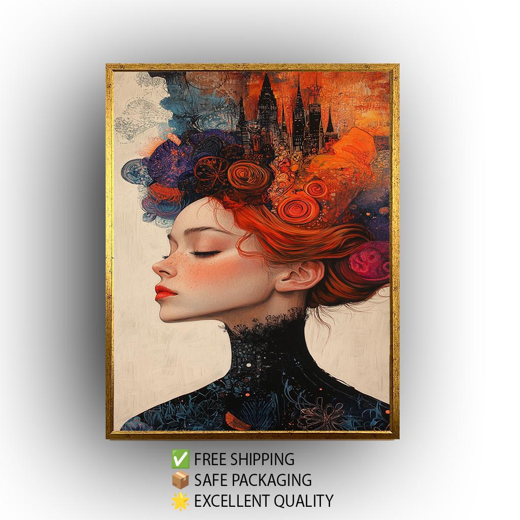 Surreal Woman Art Print: Fiery Red Hair, Abstract Cityscape