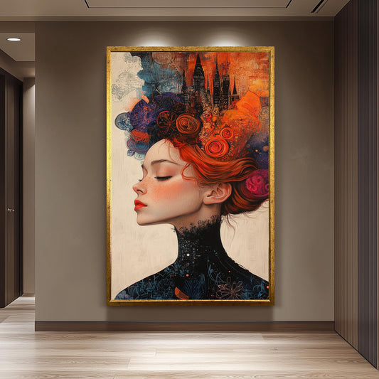 Surreal Woman Art Print: Fiery Red Hair, Abstract Cityscape