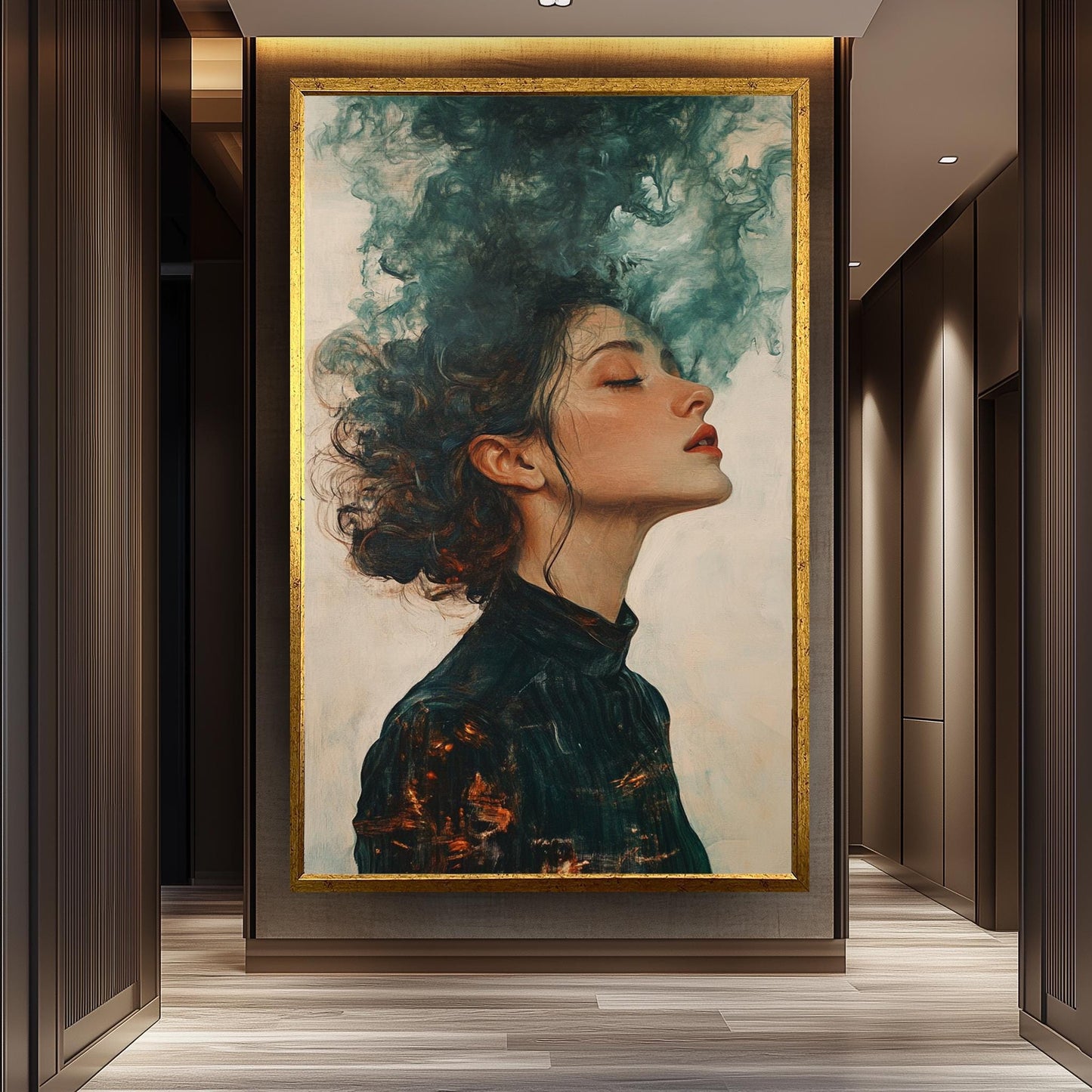 Surreal Wall Art of Dreamy Woman with Flowing Hair Transforming into Smoke in Moody Abstract Oil Painting Style, Woman Painting, Surreal Art