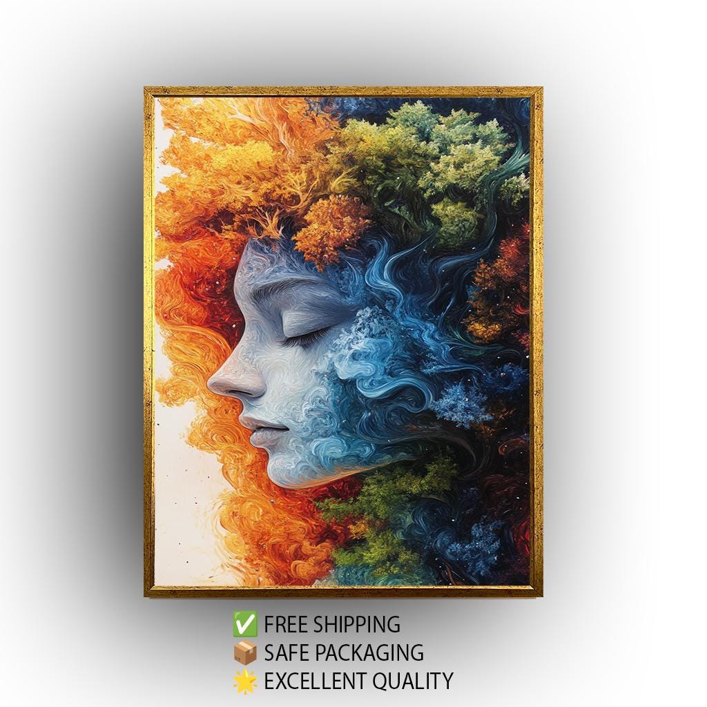Surreal Woman Face Canvas Art: Fire, Water, Earth, Air