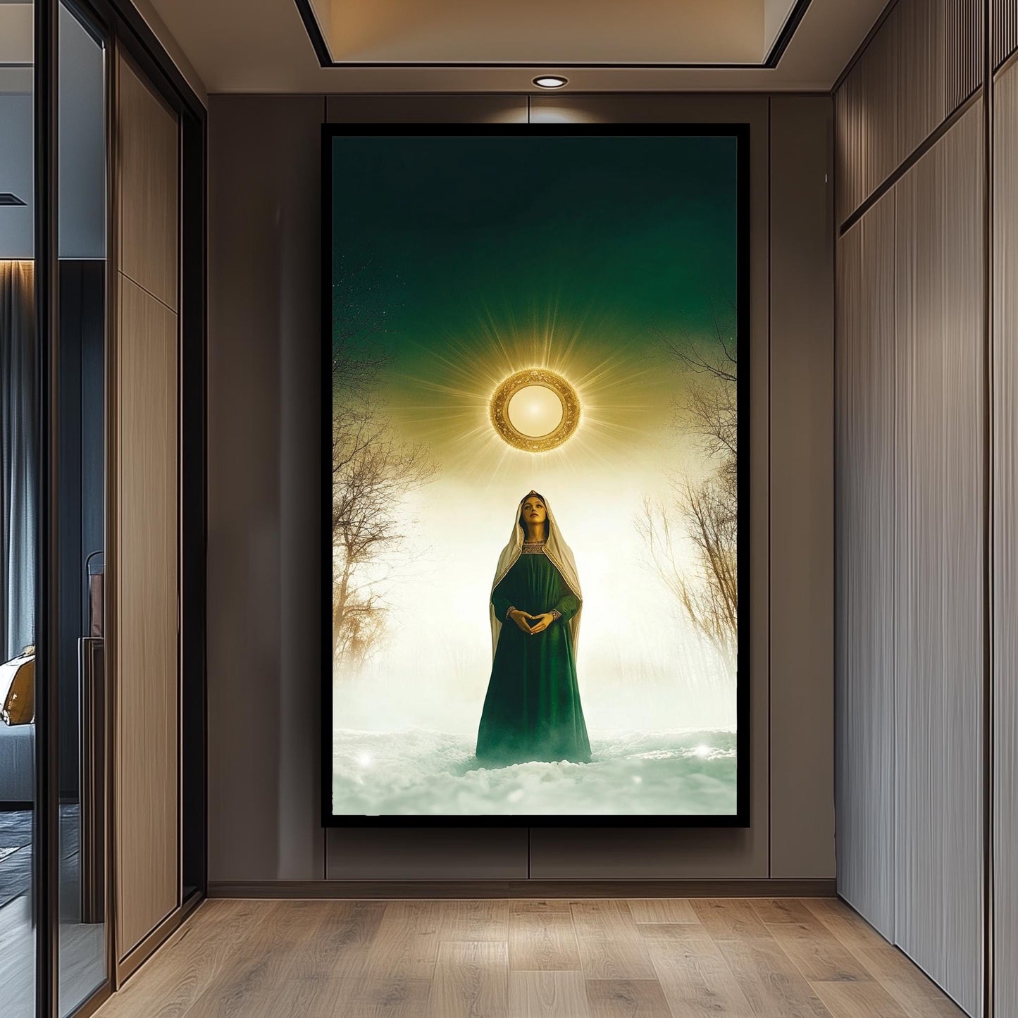 Mystical Virgin Mary Wall Art in Green Robe with Radiant Halo and Snowy Forest, Sacred Christian Canvas Print for Faithful Home Decor