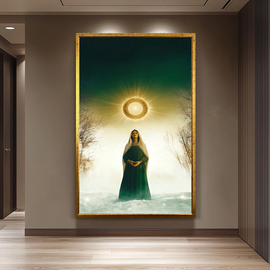 Mystical Virgin Mary Wall Art in Green Robe with Radiant Halo and Snowy Forest, Sacred Christian Canvas Print for Faithful Home Decor
