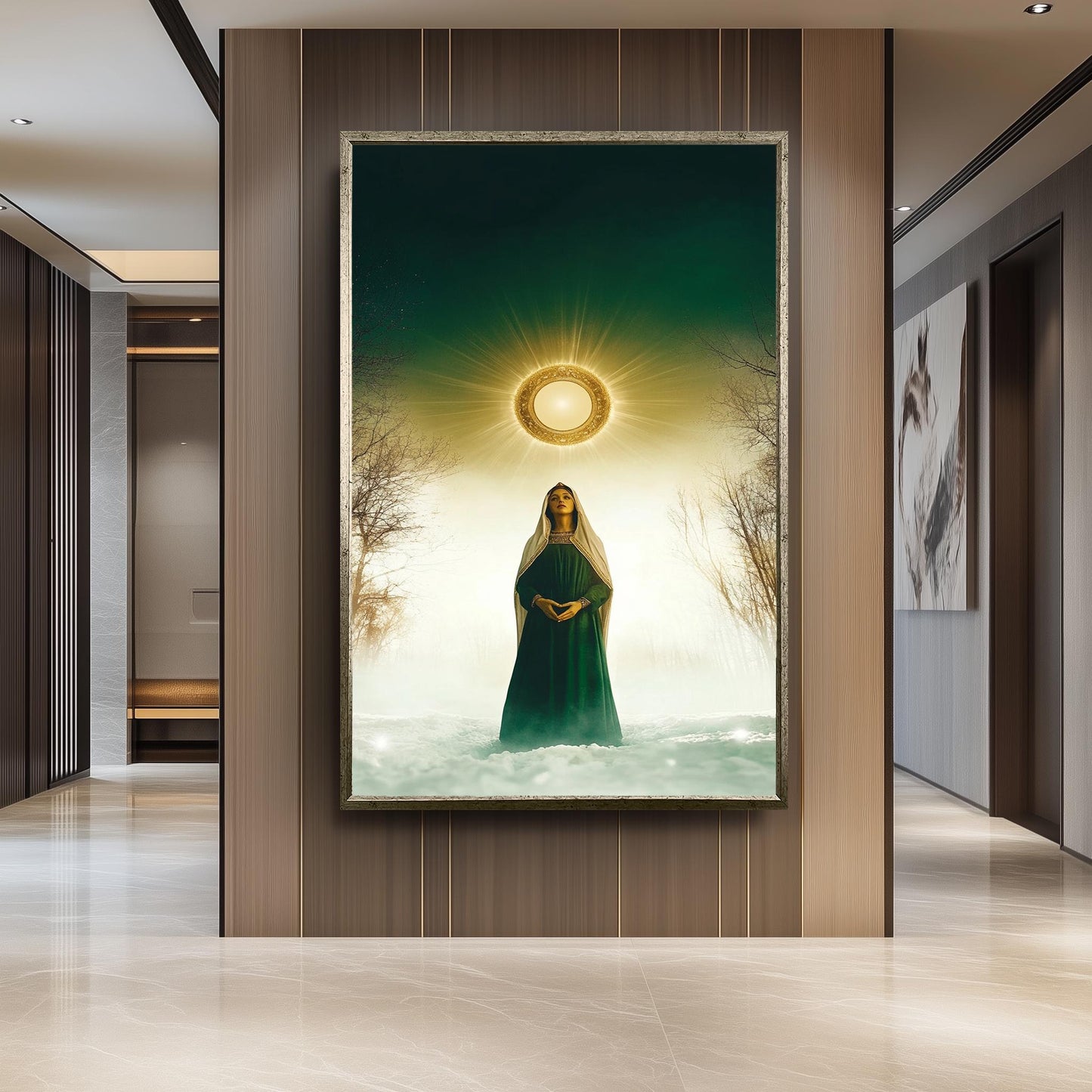 Mystical Virgin Mary Wall Art in Green Robe with Radiant Halo and Snowy Forest, Sacred Christian Canvas Print for Faithful Home Decor