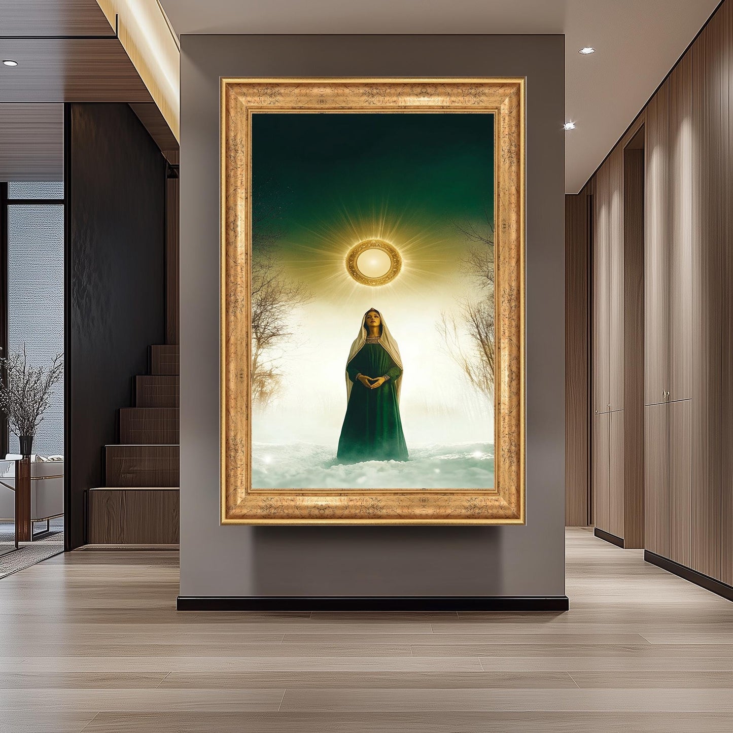 Mystical Virgin Mary Wall Art in Green Robe with Radiant Halo and Snowy Forest, Sacred Christian Canvas Print for Faithful Home Decor