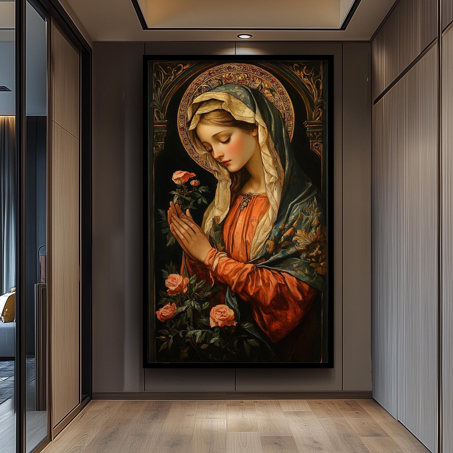 Renaissance Virgin Mary Painting with Roses and Golden Halo, Catholic Sacred Art Canvas Print for Religious Home or Prayer Room Decor