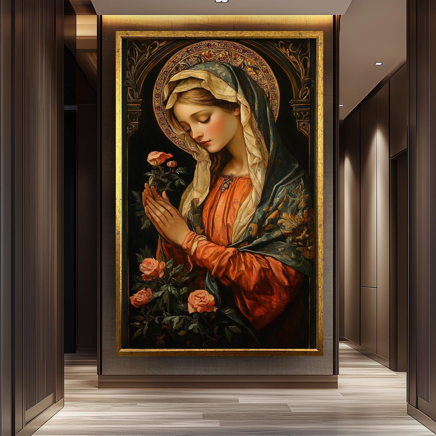 Renaissance Virgin Mary Painting with Roses and Golden Halo, Catholic Sacred Art Canvas Print for Religious Home or Prayer Room Decor