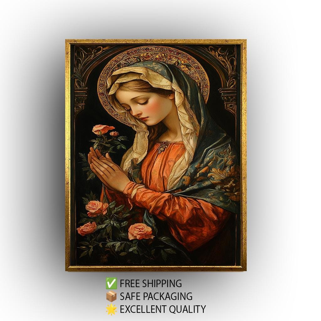 Renaissance Virgin Mary Painting with Roses and Golden Halo, Catholic Sacred Art Canvas Print for Religious Home or Prayer Room Decor