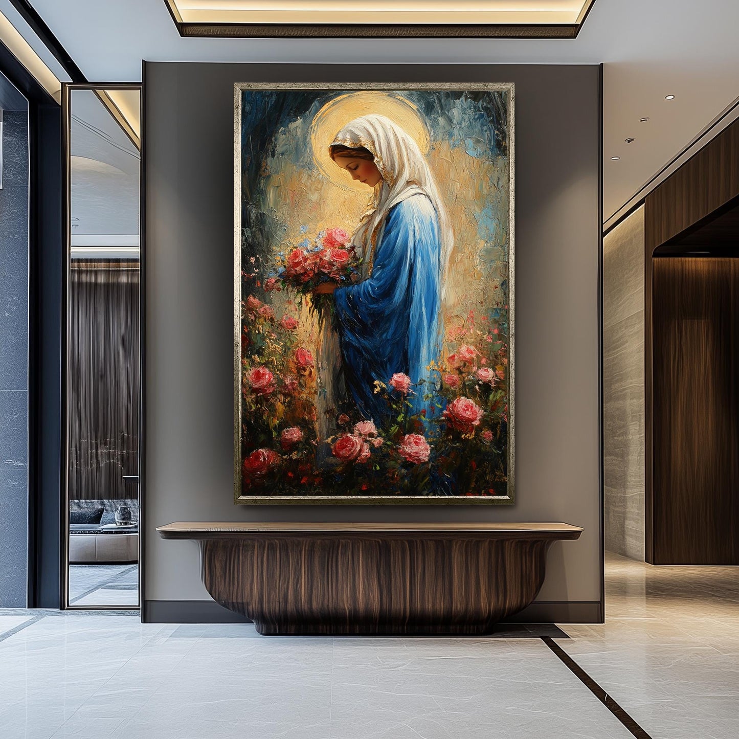 Impressionist Virgin Mary Painting with Pink Roses and Golden Halo, Catholic Floral Canvas Art for Spiritual Home or Chapel Decor