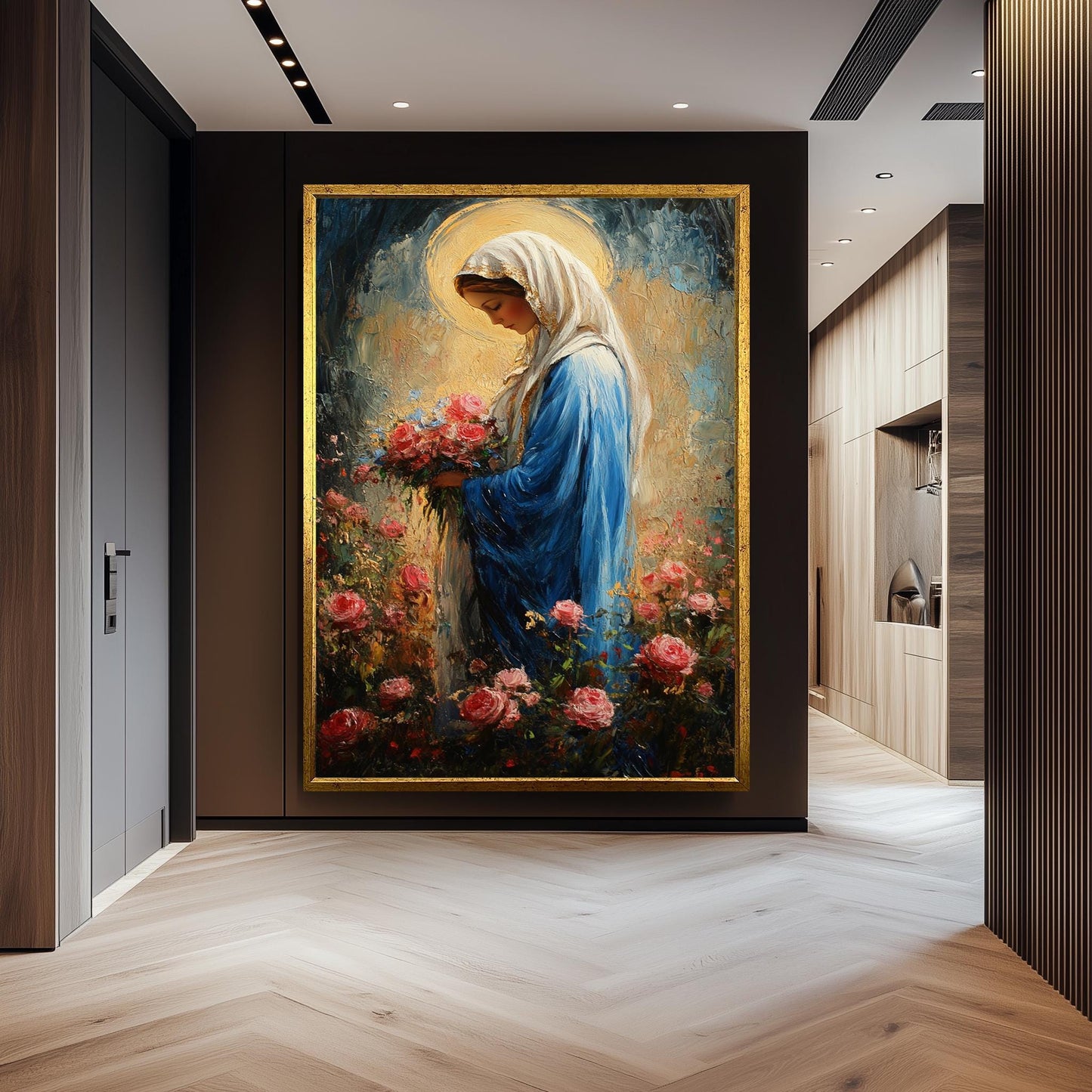 Impressionist Virgin Mary Painting with Pink Roses and Golden Halo, Catholic Floral Canvas Art for Spiritual Home or Chapel Decor