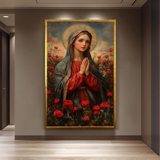 Virgin Mary Canvas Print: Golden Halo, Red Roses, Catholic Art