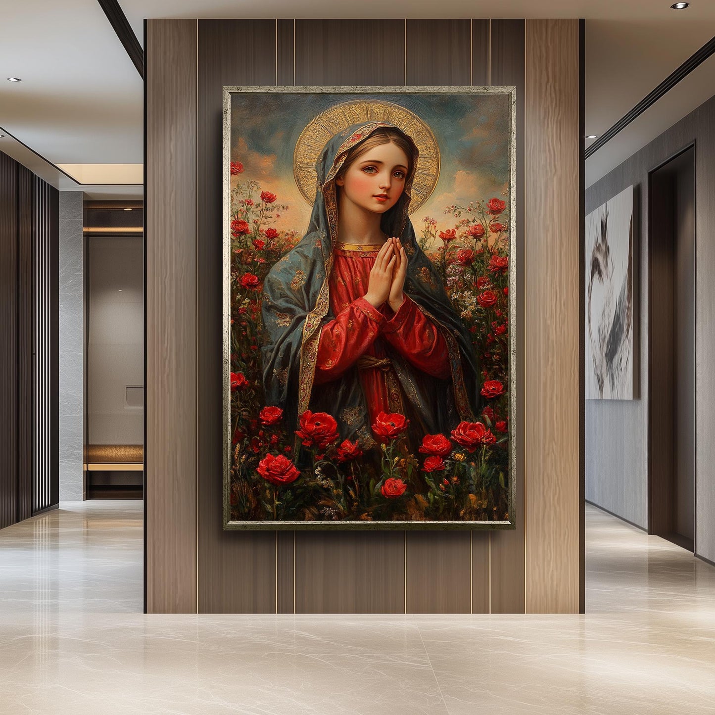 Virgin Mary Canvas Print: Golden Halo, Red Roses, Catholic Art