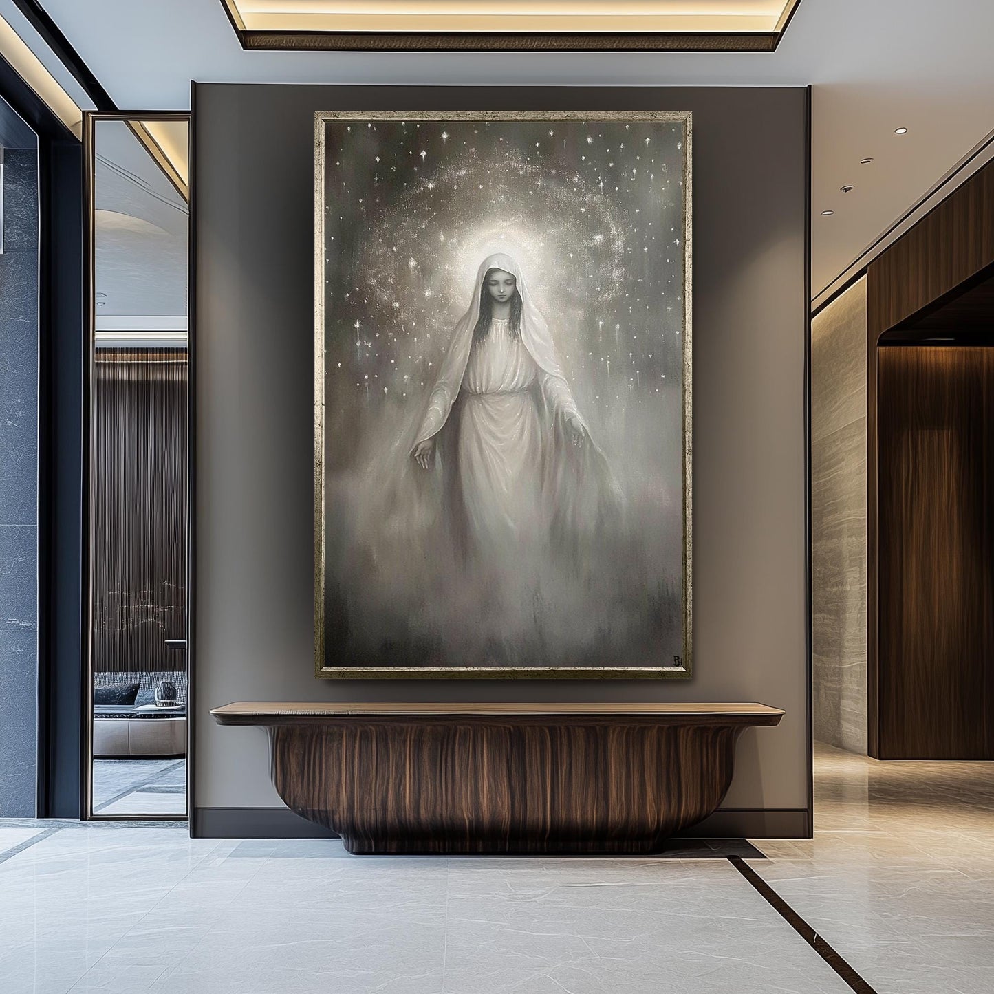 Virgin Mary Canvas Art: Monochrome Celestial Painting