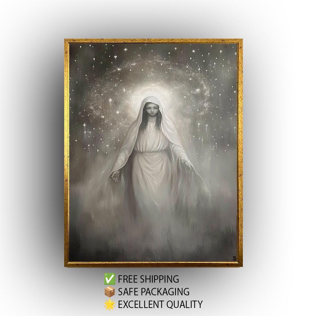 Virgin Mary Canvas Art: Monochrome Celestial Painting