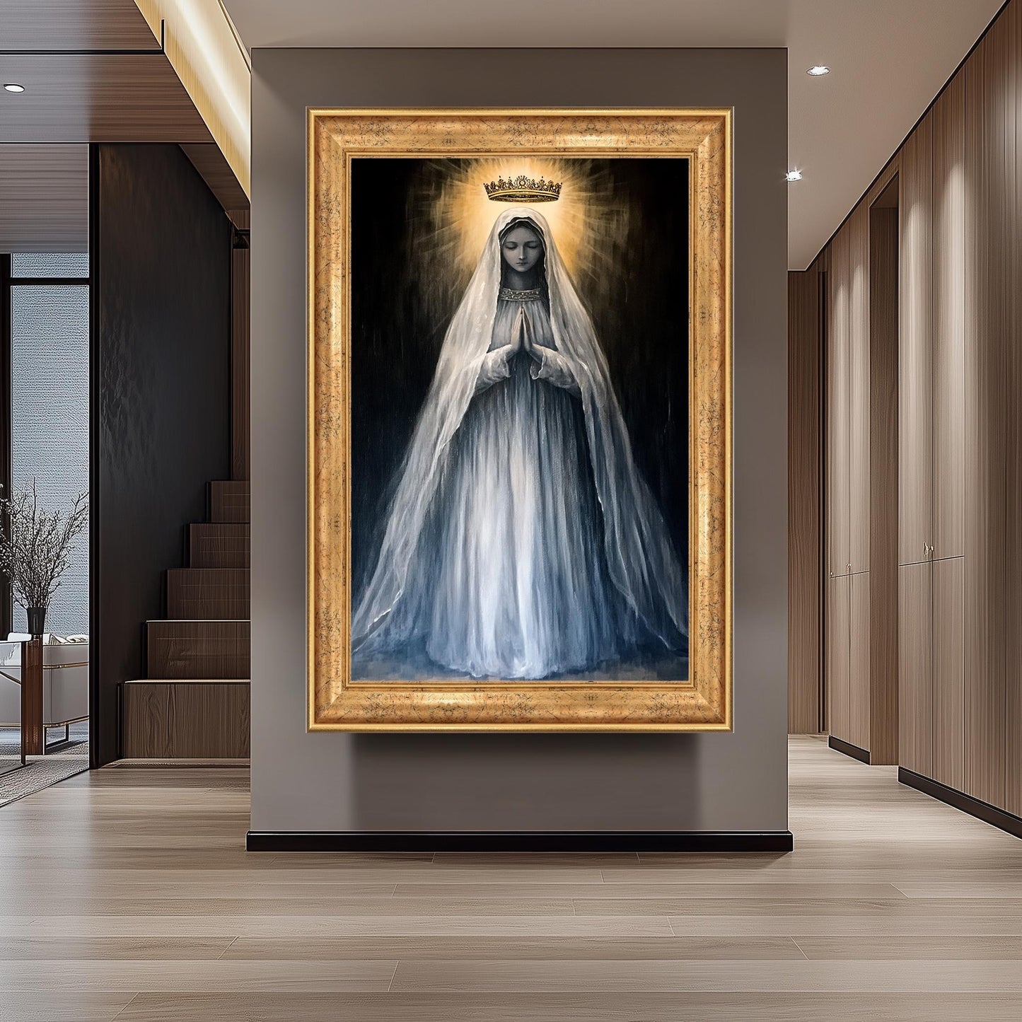 Crowned Virgin Mary Painting in Radiant Light and Flowing White Veil, Catholic Spiritual Canvas Art for Prayer Room or Sacred Home Decor